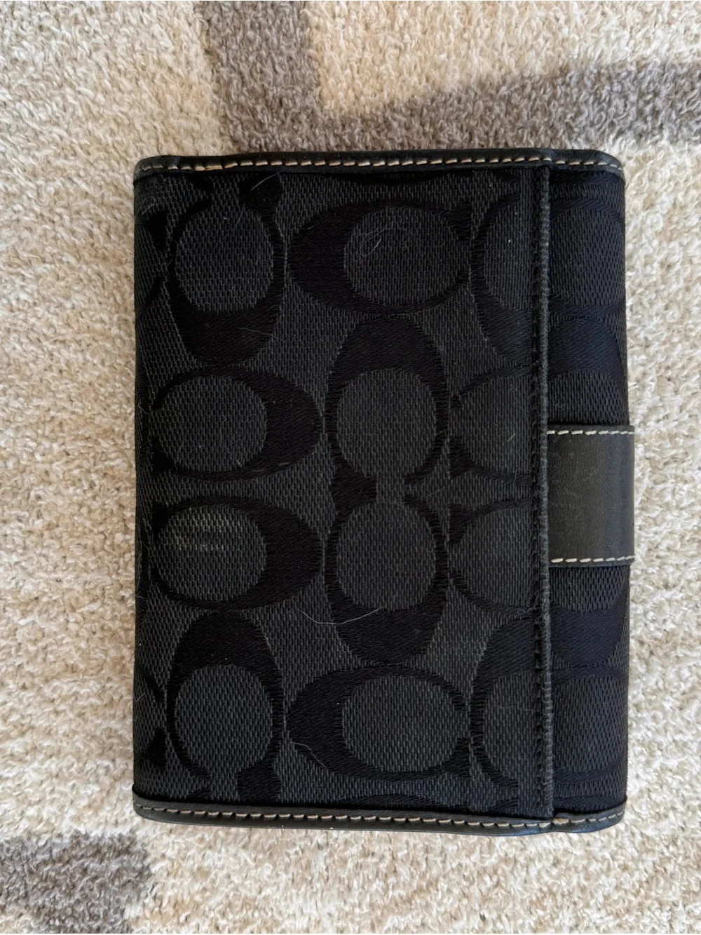 Coach Black Signature Canvas Trifold Wallet with Leather Trim